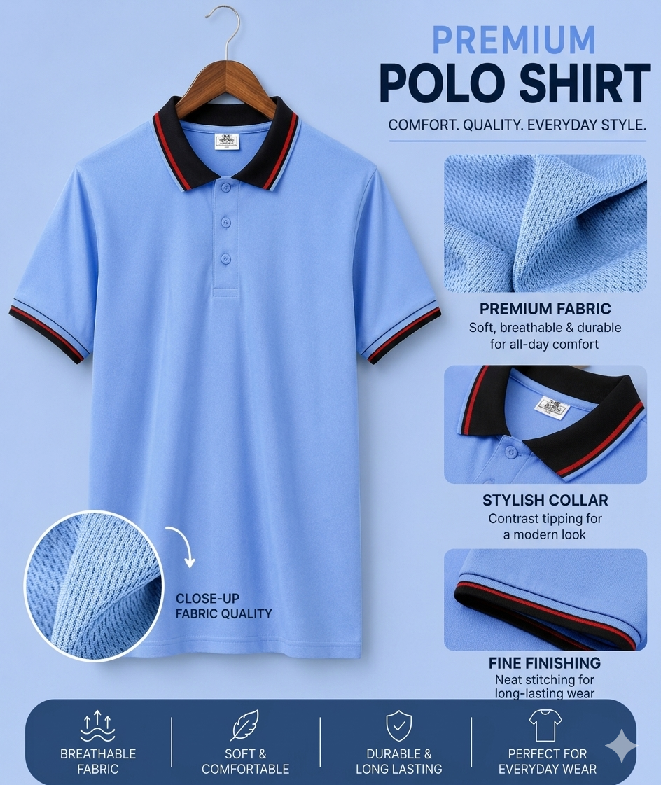 Premium Polo T-Shirt Sky Blue – PK MESH 140 GSM