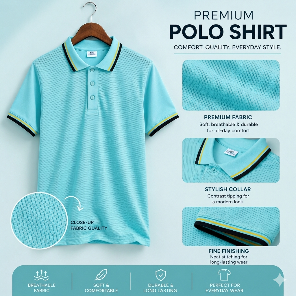 Premium Polo T-Shirt Sky Blue – PK MESH 140 GSM